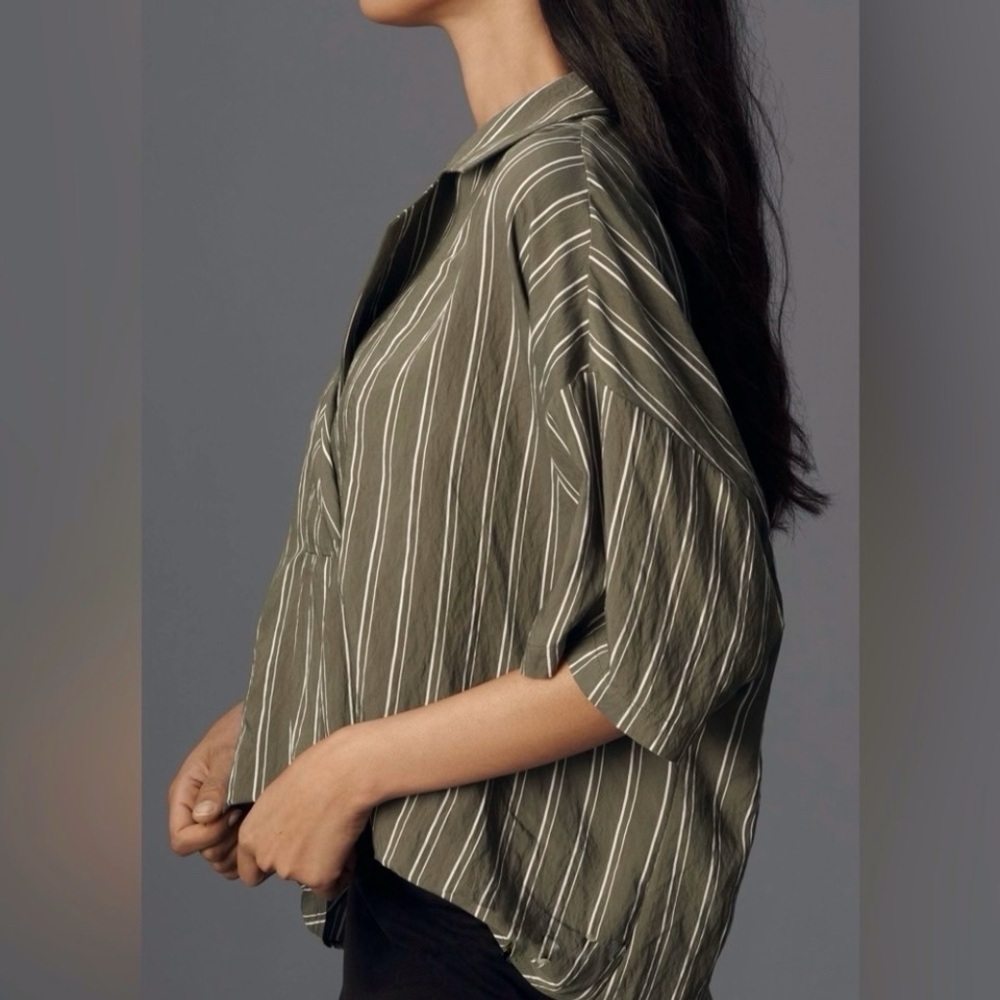 Anthropologie The Dylon Short Sleeve Wide Placket Blouse Green Stripe Large - Picture 4 of 15